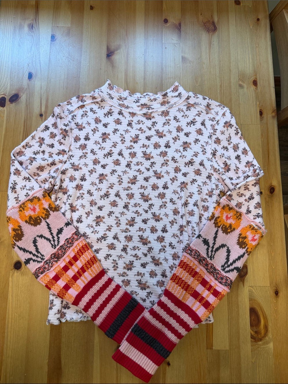We The Free Floral Mixed-Pattern Cowlneck Sweater in Pink, Red & Orange